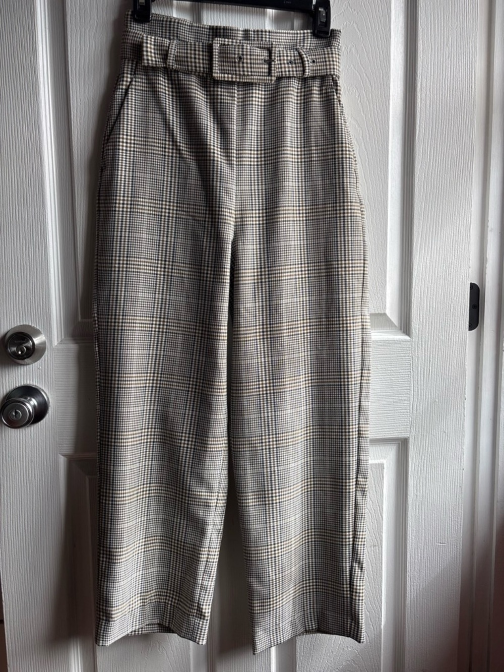 🤎Zara XS Houndstooth High Rise Pleated Belted Tapered Dress Pants Pockets